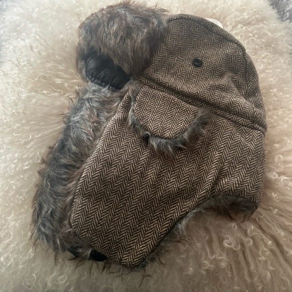 Brown and Gray Winter Hat with Faux Fur Ear Flaps - Picture 3 of 4